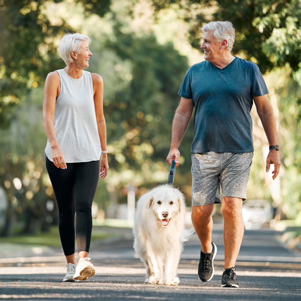 senior couple taking dog for a walk